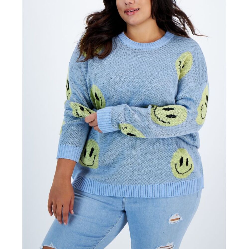 Just Polly Trendy Plus Size Smiley Crewneck Sweater